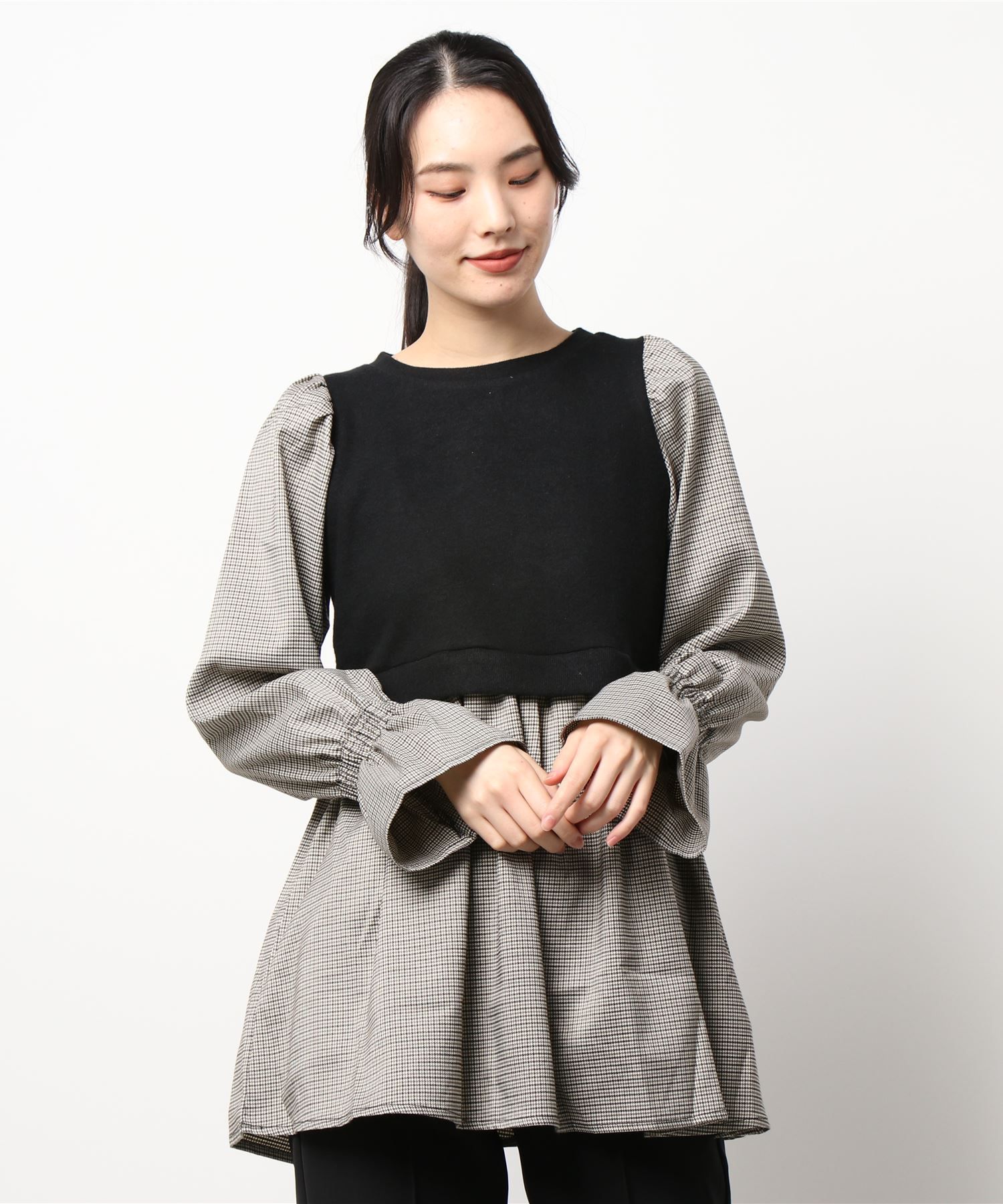 日本 Riche Glamour - 假兩件造型 小格紋長袖X背心-黑