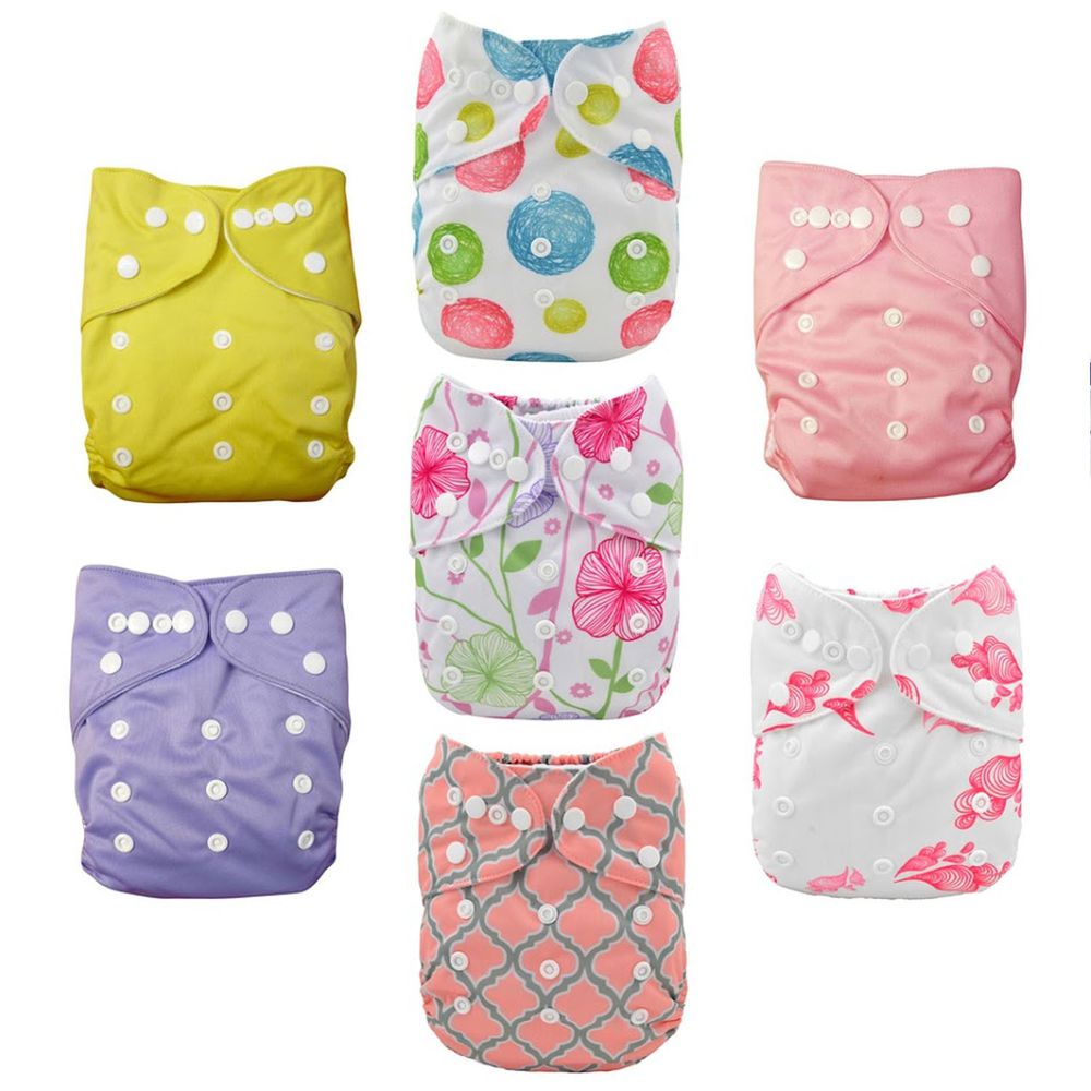 Nora's Nursery - 成長型口袋式布尿布-7件組 送收納袋 附尿墊-粉红色的花 (4.5~16公斤)