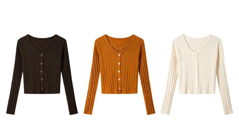 V領綁帶坑條長袖針織上衣-咖啡色