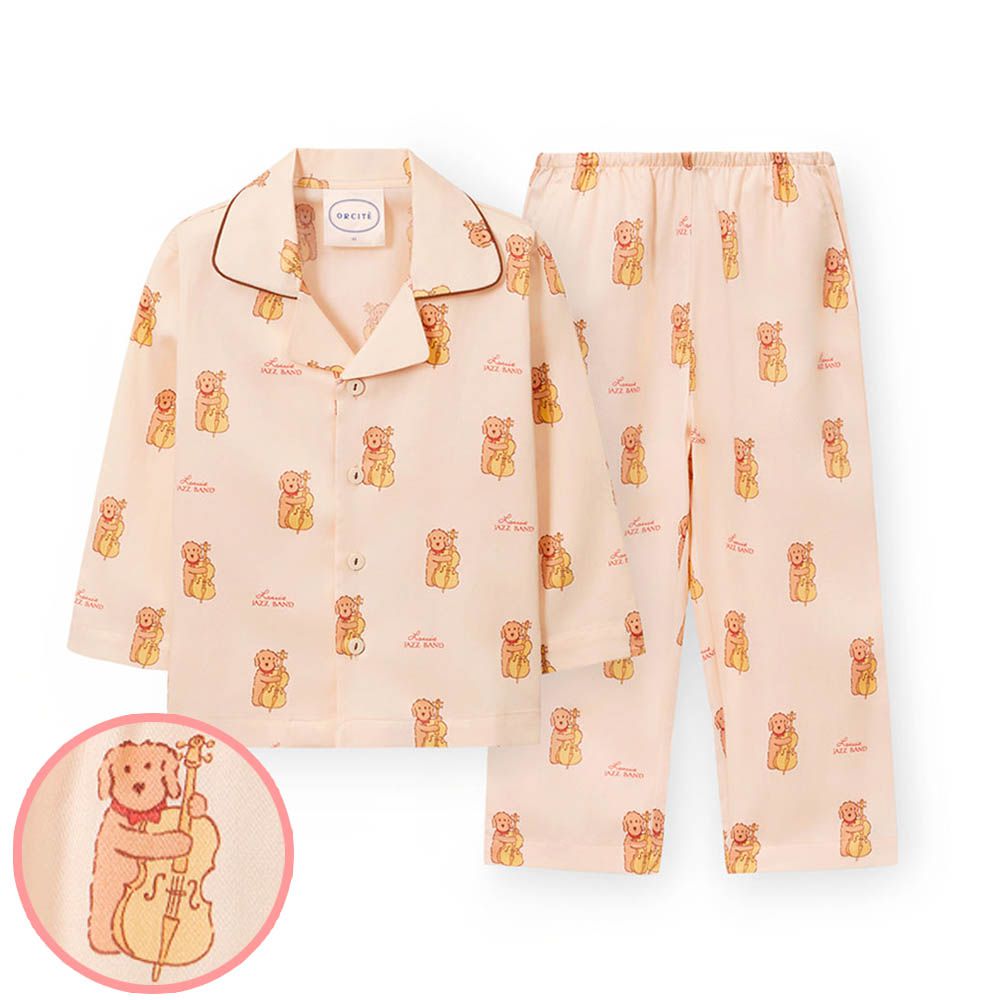 (男寶)透氣輕柔棉翻領長袖睡衣套裝-狗狗大提琴-杏膚