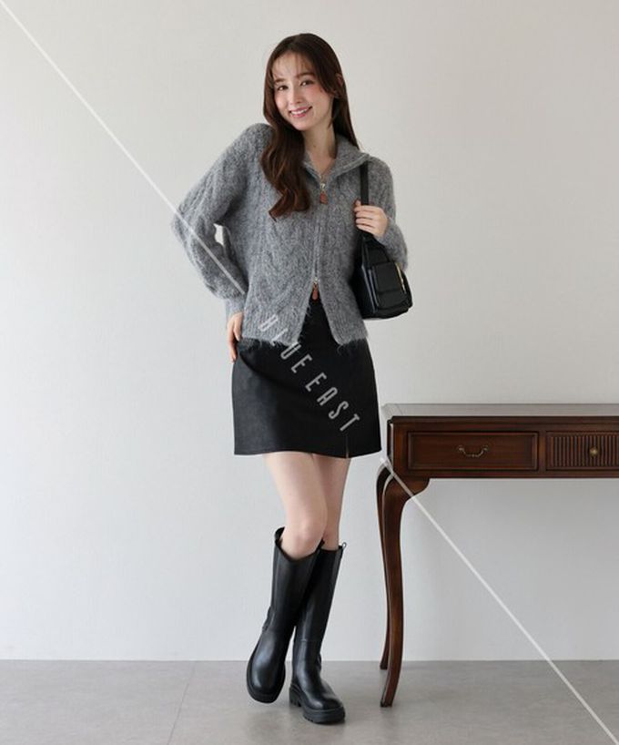 日本 BLUE EAST - 混羊毛麻花紋路立領雙拉鏈針織外套-灰