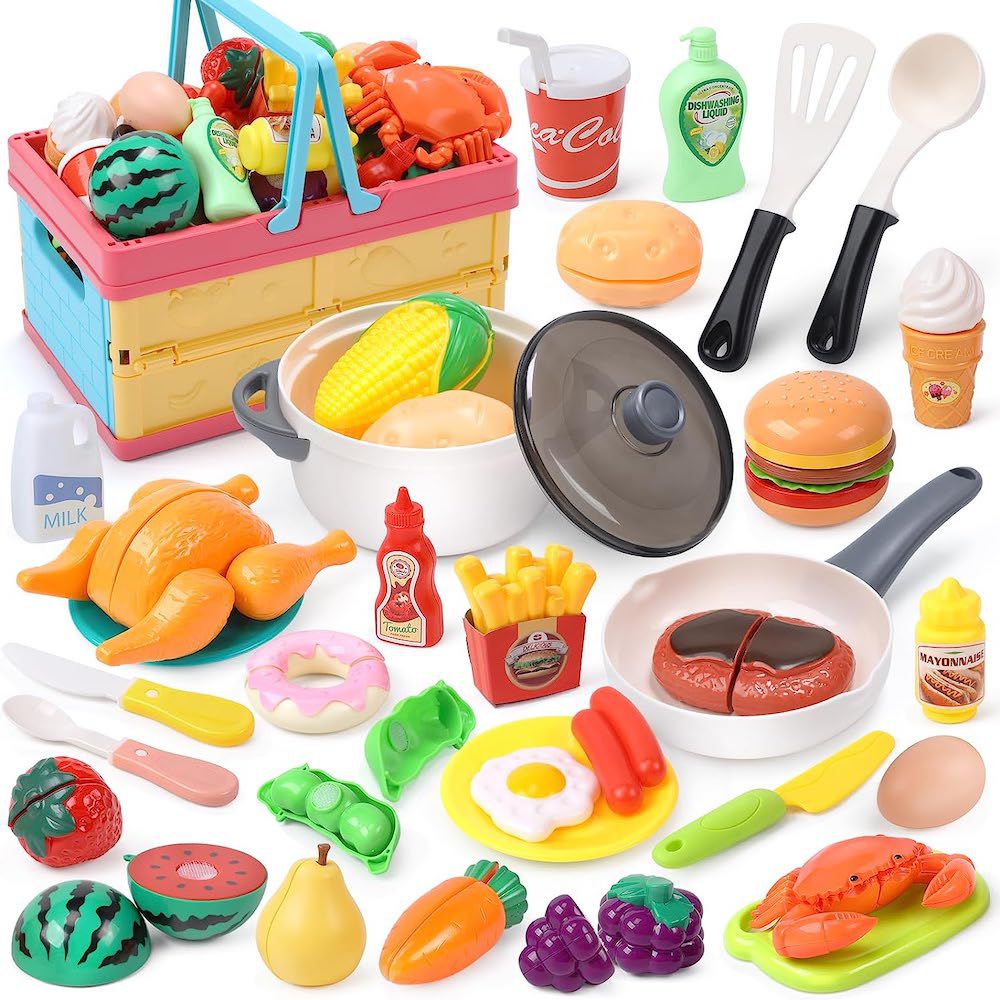CuteStone - 兒童購物提籃與仿真切切樂益智玩具34件套裝組合(可折疊提籃)