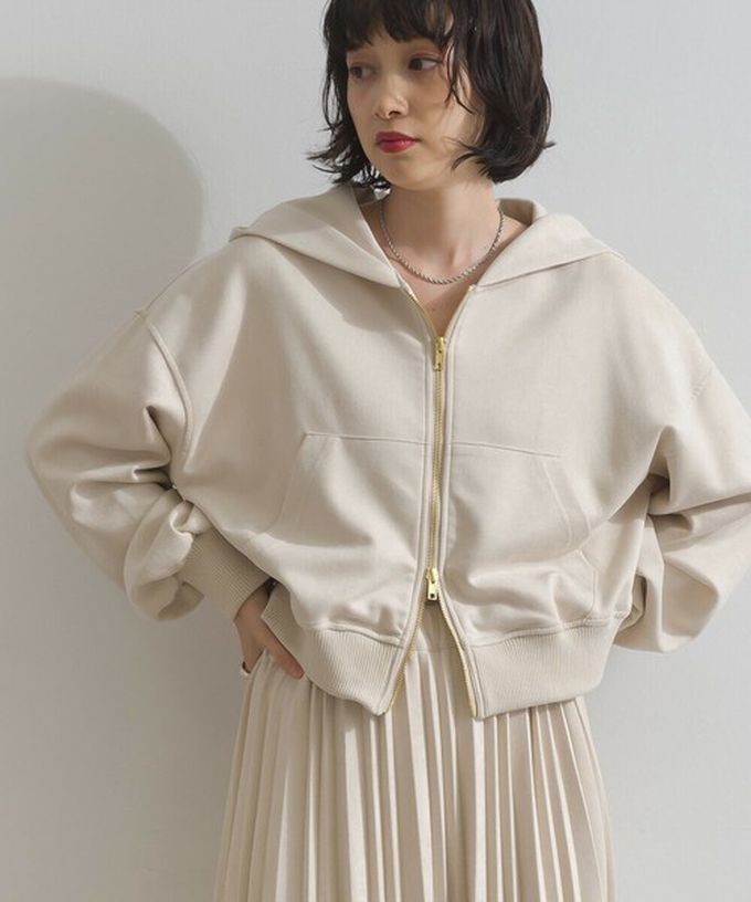 日本 ELENCARE DUE - 輕盈絨皮感雙拉鏈短版連帽外套-焦糖棕