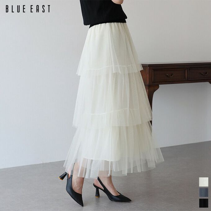 日本 BLUE EAST - 夢幻搖曳感層次薄紗長裙-炭灰