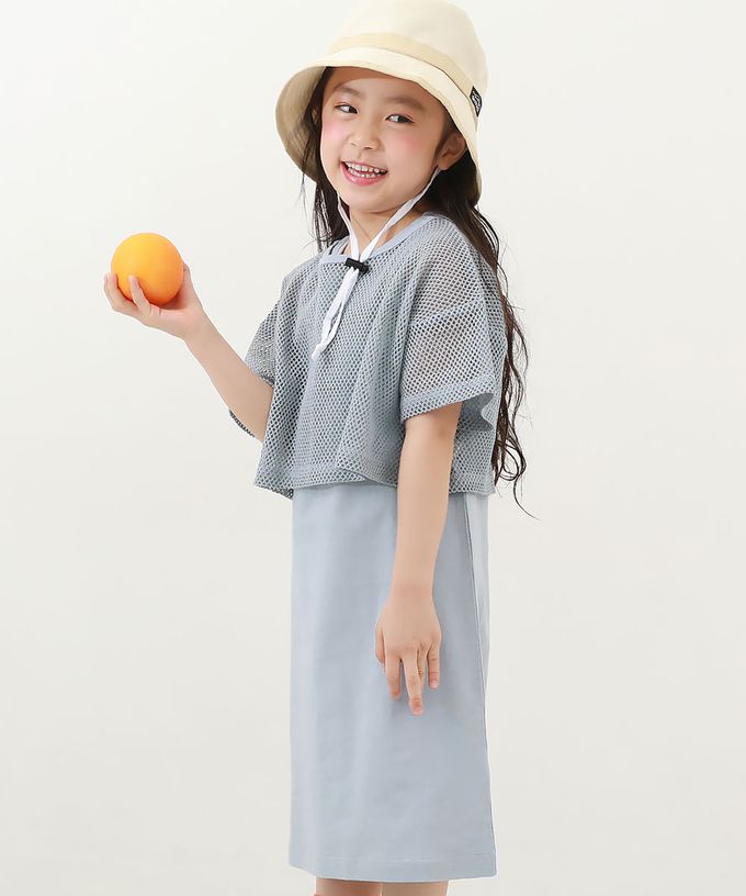 日本 devirock - 時尚女孩網格上衣+素色背心裙二件組-藕粉