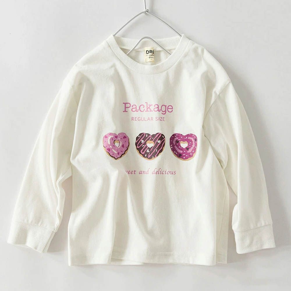 100%棉 可愛女孩印花長袖上衣-美味甜甜圈-白