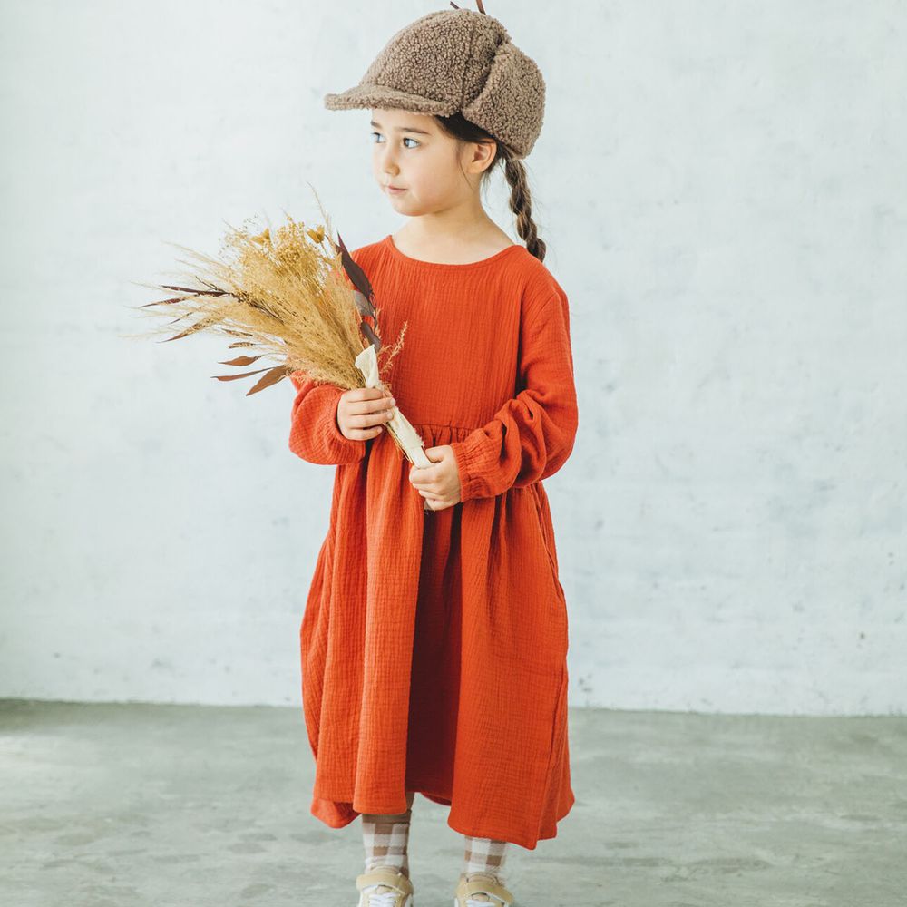 日本 PAIRMANON - 純棉柔軟皺摺風薄長袖洋裝-磚橘