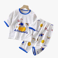 WarmNest - 純棉網眼透氣七分袖家居服套裝-登陸月球-白+藍