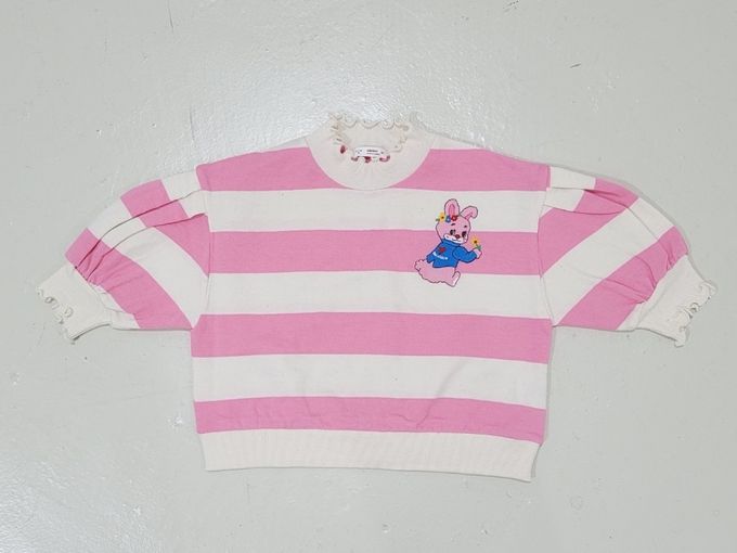 韓國 Mimico - 童趣澎澎袖木耳邊上衣-寬條紋