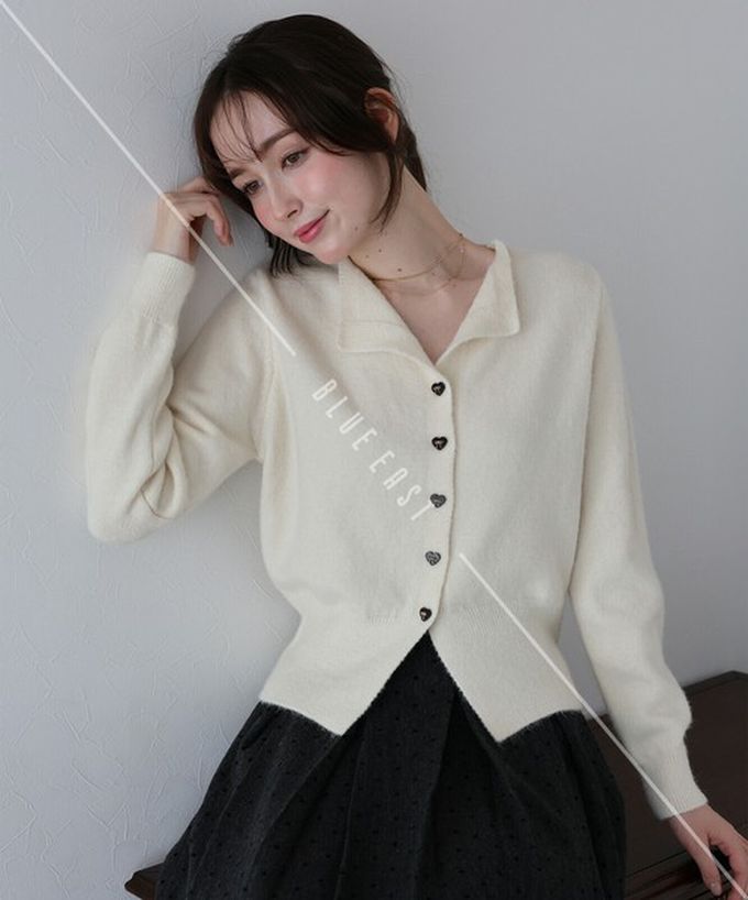 日本 BLUE EAST - 愛心蝴蝶結扣成熟甜美針織開襟衫-黑 (M)