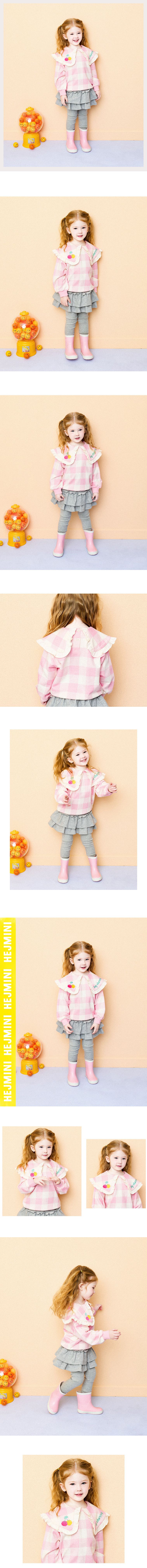 韓國 HEJMINI - 粉紅格紋荷葉翻領T恤-粉