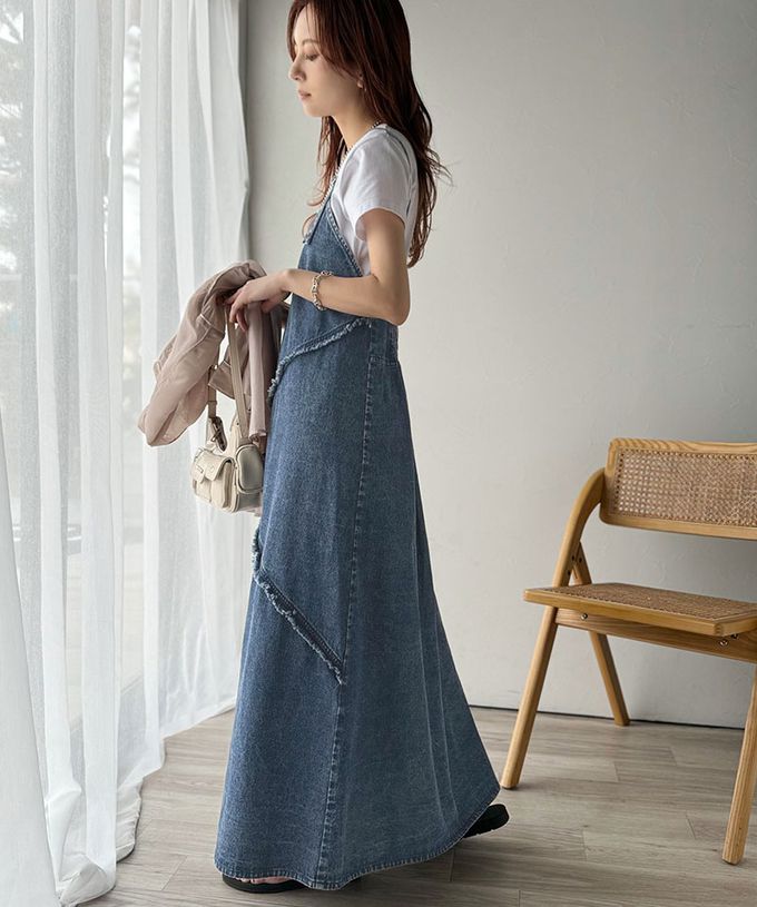 日本 Classical Elf - 華麗線條流蘇V領牛仔背心裙-藍