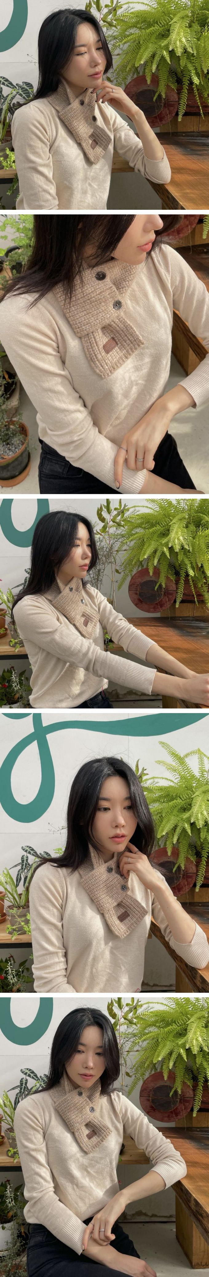 韓國 MAY - 針織鈕釦穿洞式圍巾-黑