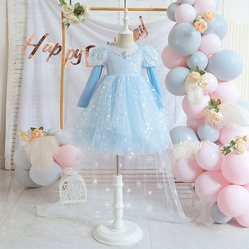 (不含披風)亮片不規則裙襬洋裝-冰雪藍