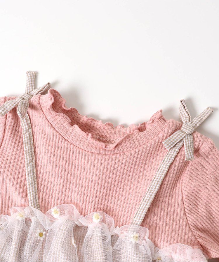 日本 apres les cours - 花朵刺繡拼接夢幻短袖上衣-卡其x粉紅