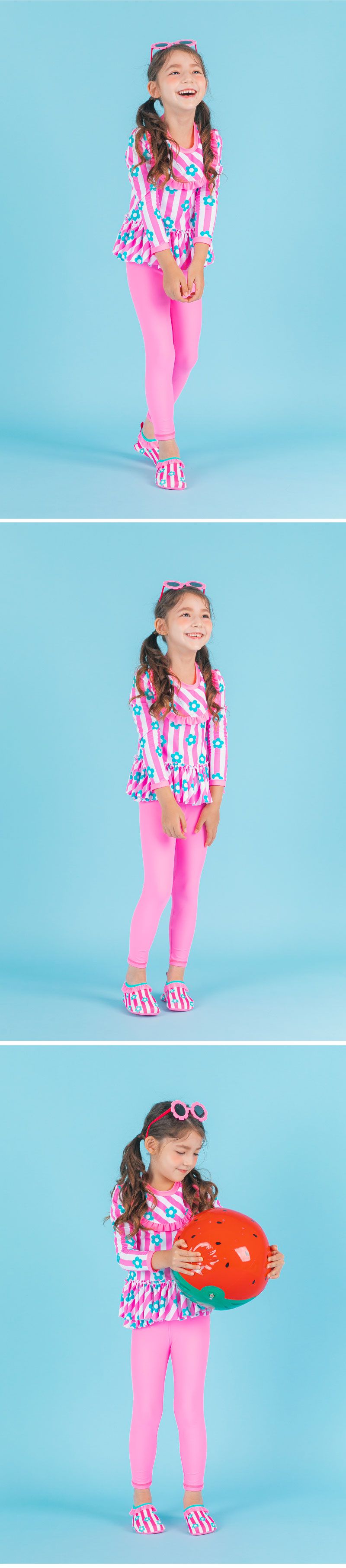 韓國 OZKIZ - 抗UV防曬兒童泳裝-三件組-條紋花