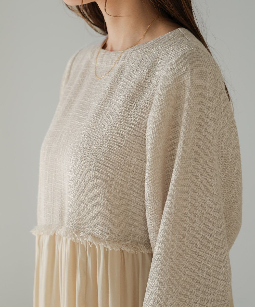 日本 Bab - 仙氣花呢異材質拼接長袖洋裝-黑