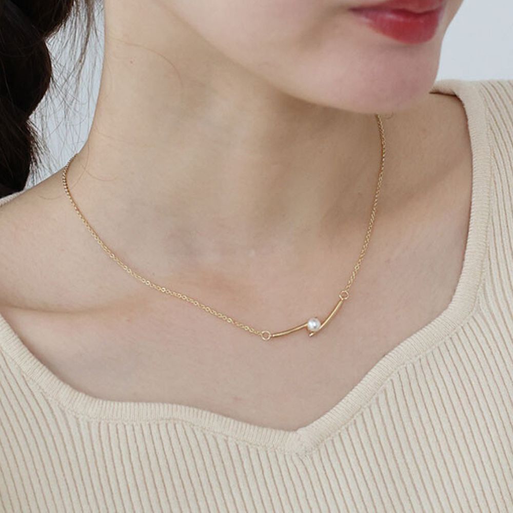 韓國製 珍珠不平衡線條優雅項鏈-金