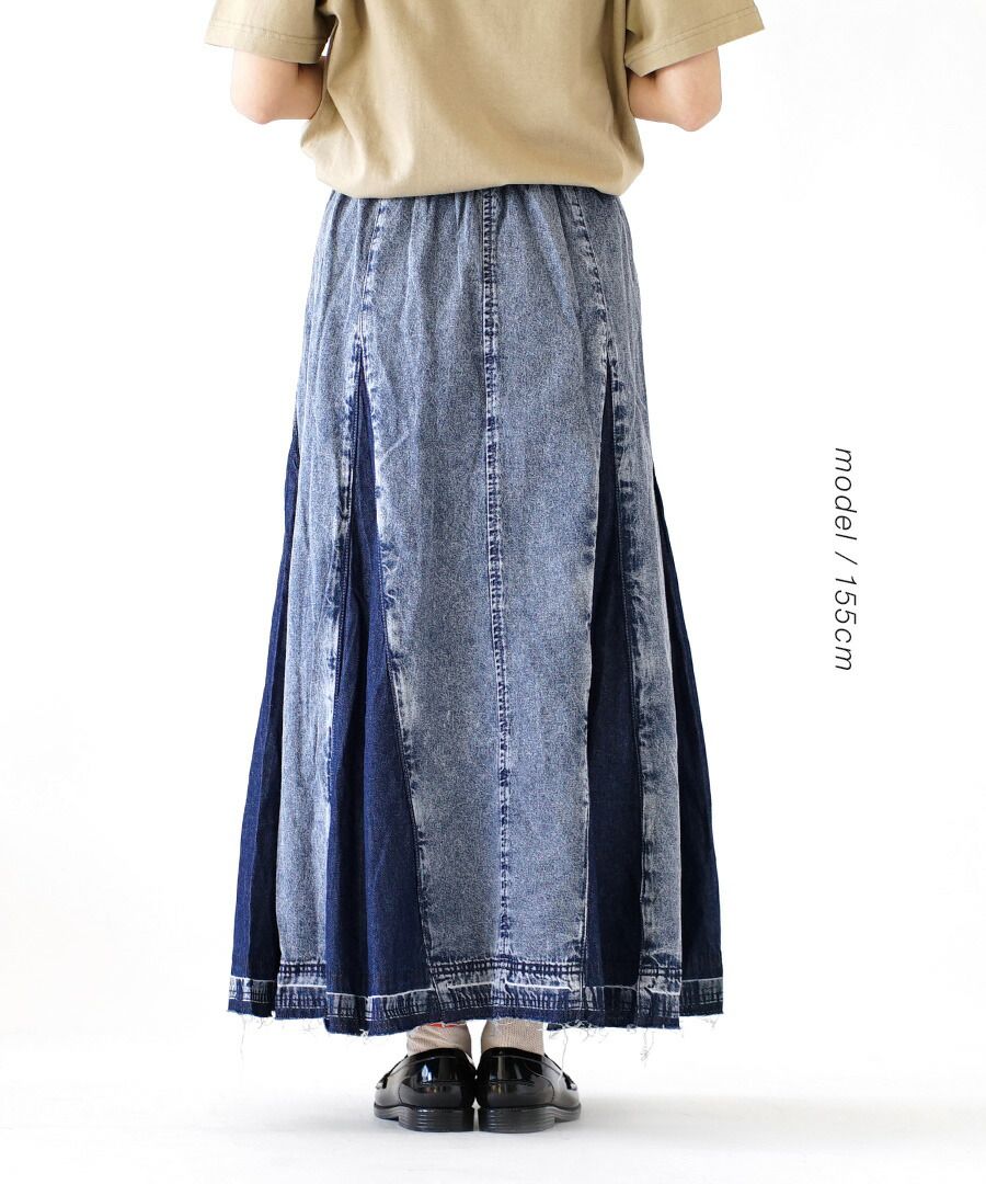 日本 zootie - 復古加工拼接牛仔長裙-藍 (Free)