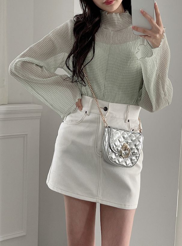 日本 GRL - 木耳領透膚長袖上衣(附內裡)-細格紋-時尚黑