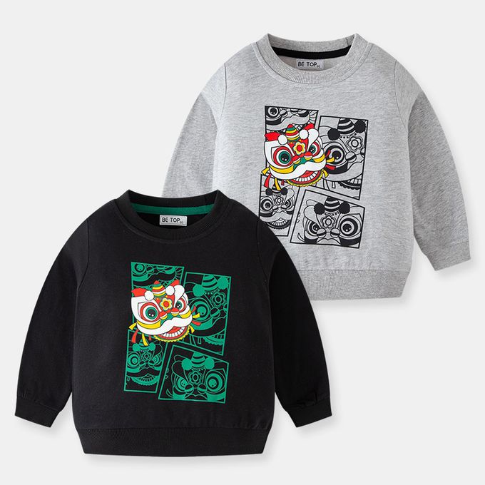 純棉圓領長袖上衣/大學T-舞龍舞獅-黑色