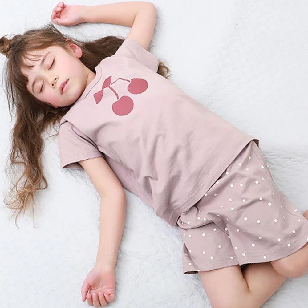 日本 devirock - 純棉舒適短袖家居服/睡衣-櫻桃點點-粉紫