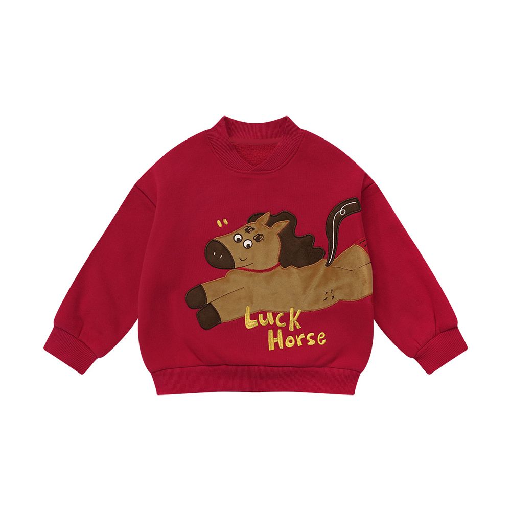 內刷絨造型領長袖上衣-萌馬送福-紅色