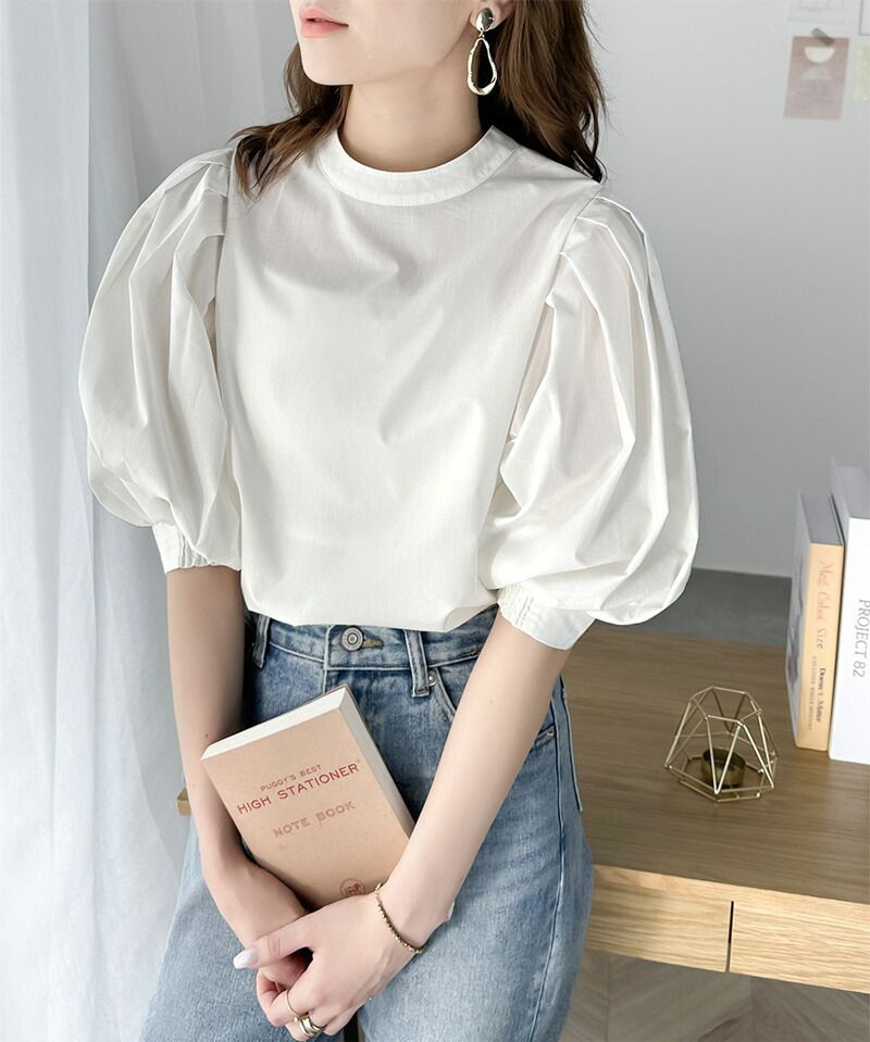 日本 Classical Elf - 氣質皺摺泡泡短袖襯衫-淺米杏