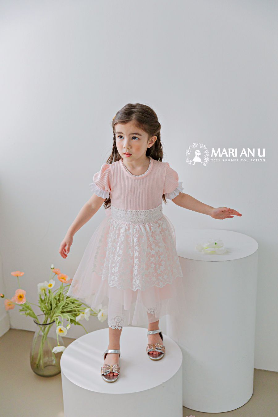 韓國 mari an u - 蕾絲層次紗裙洋裝-粉紅