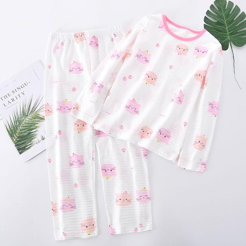 竹節棉圓領長袖套裝/家居服-滿版貓咪-白色