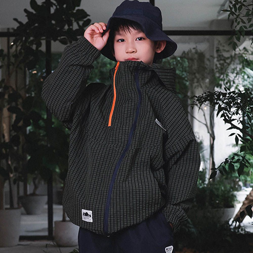 撞色雙拉鍊立領防風連帽外套-軍綠格