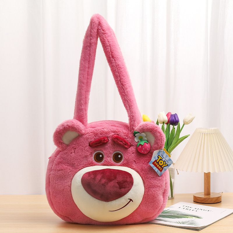 卡通毛茸茸造型斜背包-卡通人物熊抱哥-粉色 (23x5x22cm)