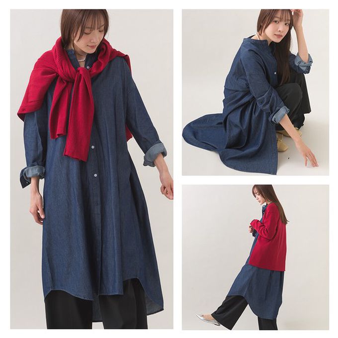 日本 OMNES - 柔軟丹寧風輕盈圓弧下擺長袖洋裝-深藍