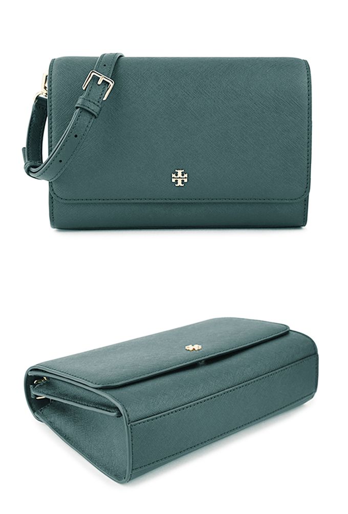 TORY BURCH - 雙T-LOGO防刮皮革翻蓋斜背包 (深綠)