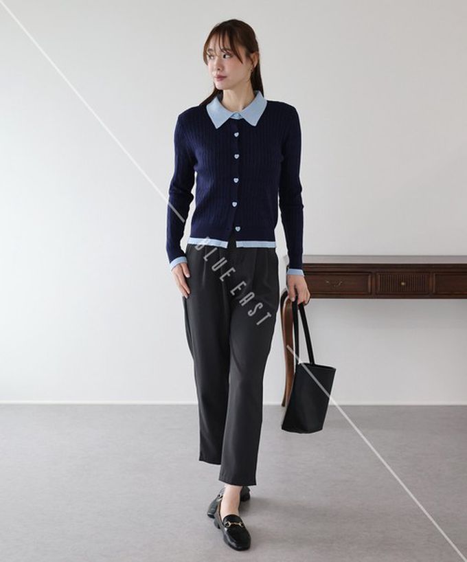 日本 BLUE EAST - 愛心扣雙色polp領麻花開襟衫-灰