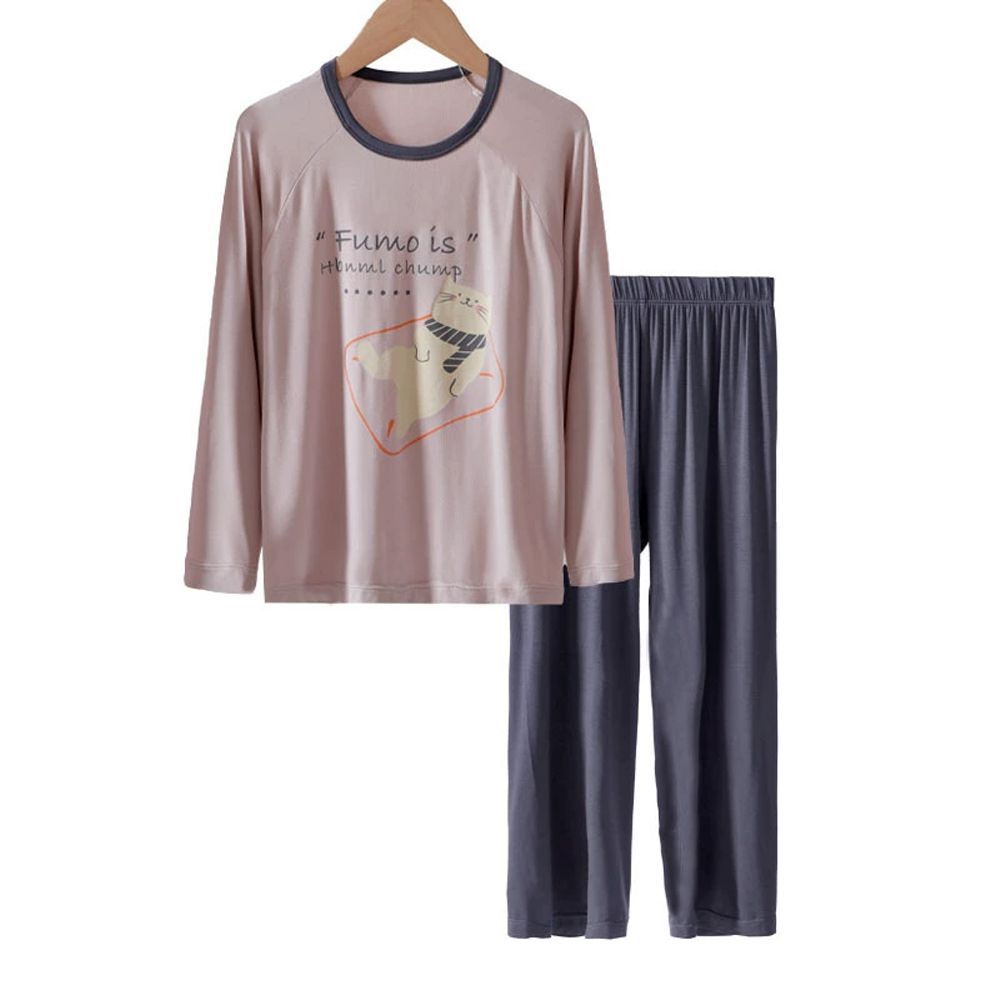 莫代爾圓領長袖套裝/家居服-慵懶小貓-棕色