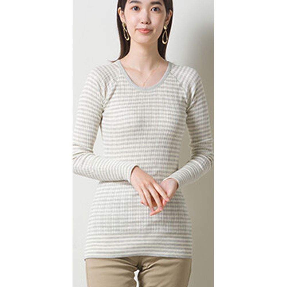 日本 OMNES - [定番]純棉彈性羅紋針織上衣-圓領-杏白條紋-1250