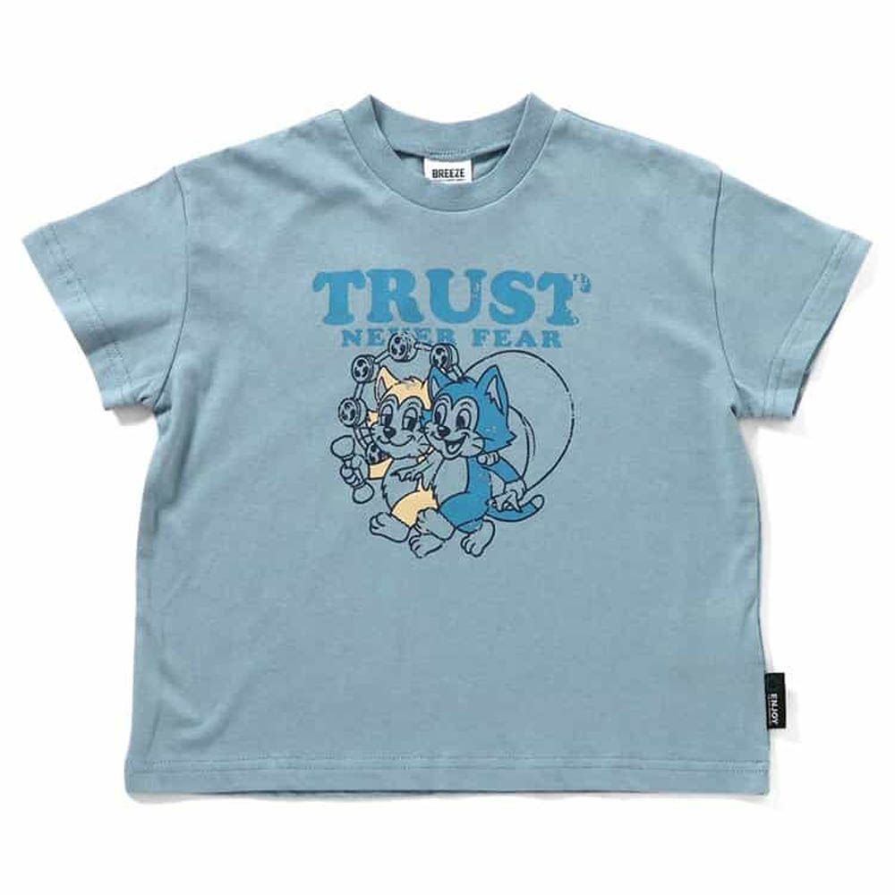 100%棉 日式印花落肩短袖上衣-貓咪夥伴-藍