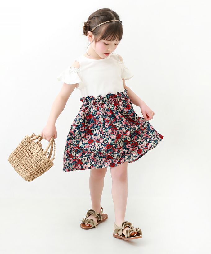 日本 devirock - 挖肩氣質荷葉短袖洋裝-碎花-白x淺綠