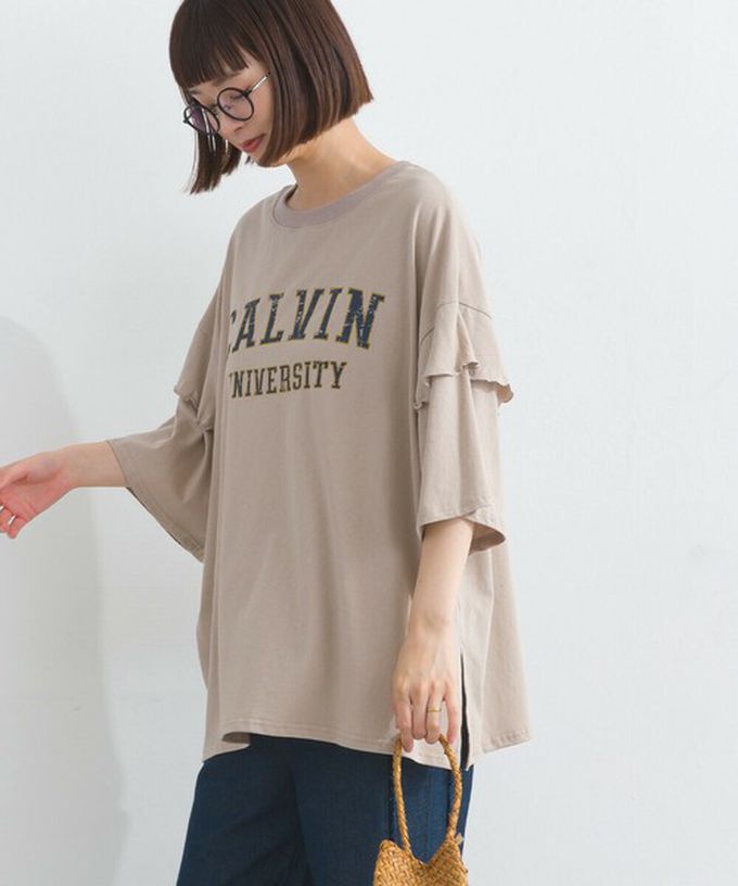 日本 Lupilien - 接觸冷感 學院風印花荷葉寬袖上衣-橘