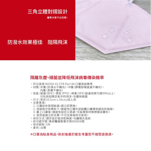醫療防護口罩/成人 N95   玫瑰粉  20入盒裝 (獨立單片包裝)