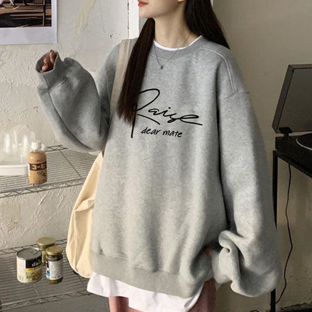 低調刺繡英文裏起毛寬鬆長袖上衣-灰 (F)