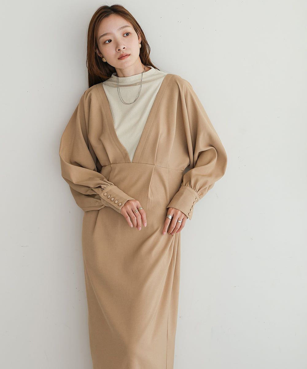 日本 Bab - 大V領拼接唯美歐風長袖洋裝-灰藍