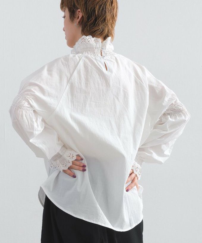日本 Lupilien - 100%棉 典雅貝殼蕾絲宮廷長袖上衣-白