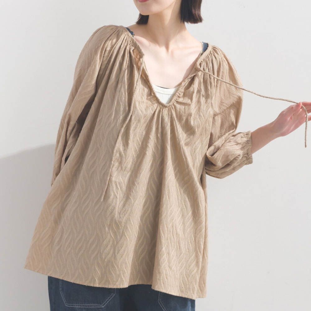 100%印度棉 前後2way典雅緹花七分袖上衣-卡其