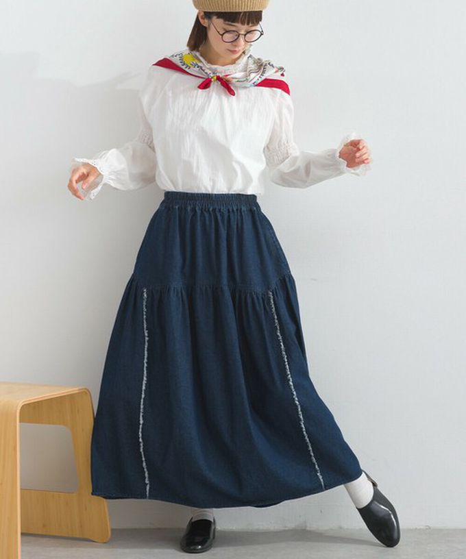 日本 Lupilien - 厚磅立體感線條澎澎長裙(附口袋)-黑色丹寧