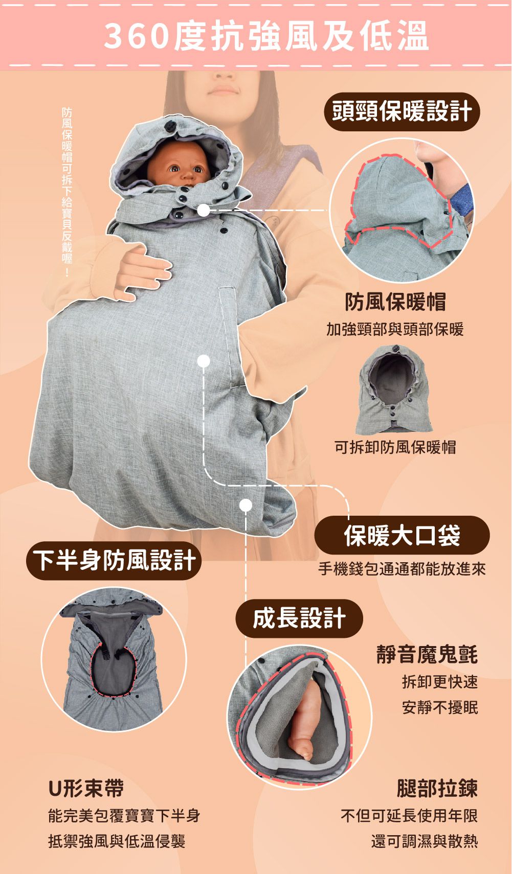 PAMABE - 可拆式四季防風罩-牛仔灰