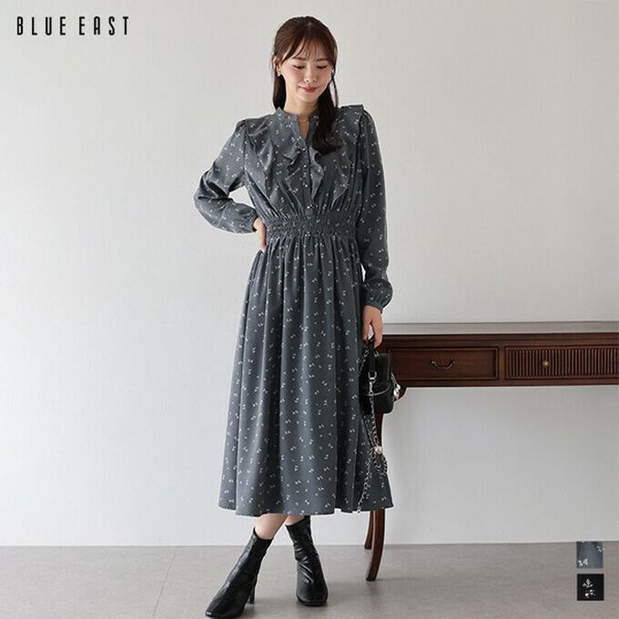 日本 BLUE EAST - 成熟摺邊典雅小花束腰長袖洋裝-深灰