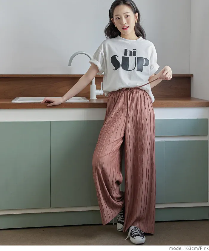 日本 COCA - [可剪裁] 百搭波浪紋垂墜寬褲-草綠