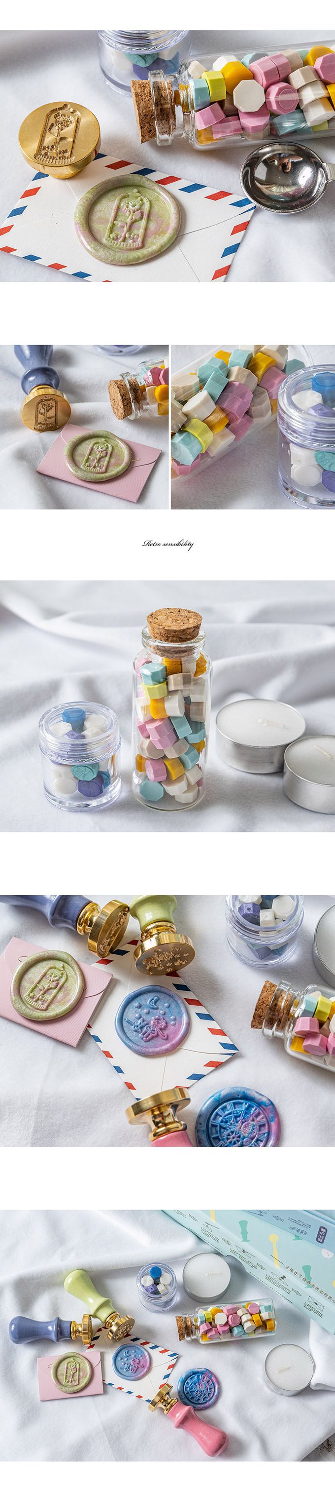 韓國 Sealhouse - 馬卡龍色迷你火漆章禮盒組-卡通美女與野獸-火漆章(含木柄)+罐粒X2+勺子+小蠟燭X2